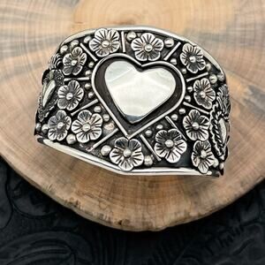 THE BOYZ SILVER Mexico Sterling Silver Cuff Bracelet Sacred Hearts & 3-D Flowers